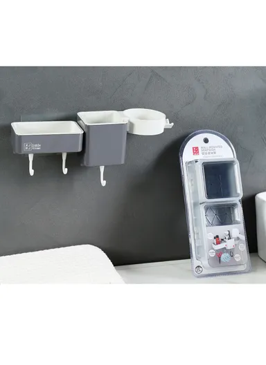 3-Containers Multi-Functional European Wall-Mounted Storage Rack, Wall Mounted Soap Dish with 3-Hooks &amp; Drain Design (L32 x W8.5 x H9.8)cm - Grey