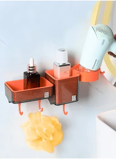 2-Containers Multi-Functional Crystal Wall-Mounted Storage Rack, Wall Mounted Soap Dish with Hair Dryer Holder, 3-Hooks &amp; Drain Design (W30 x D8.5 x H10)cm - Red