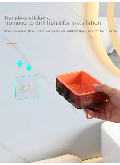 2-Containers Multi-Functional Crystal Wall-Mounted Storage Rack, Wall Mounted Soap Dish with Hair Dryer Holder, 3-Hooks &amp; Drain Design (W30 x D8.5 x H10)cm - Red