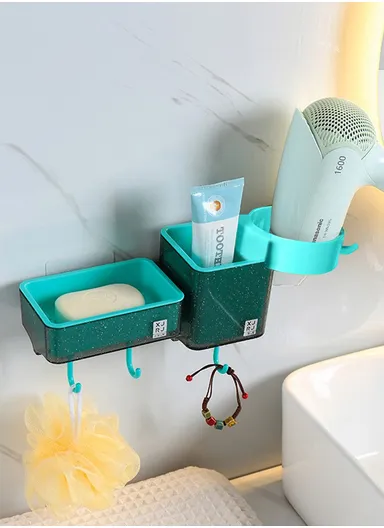 2-Containers Multi-Functional Crystal Wall-Mounted Storage Rack, Wall Mounted Soap Dish with Hair Dryer Holder, 3-Hooks &amp; Drain Design (W30 x D8.5 x H10)cm - Green