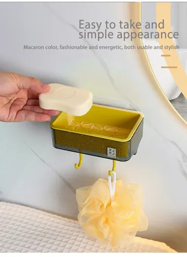 2-Containers Multi-Functional Crystal Wall-Mounted Storage Rack, Wall Mounted Soap Dish with Hair Dryer Holder, 3-Hooks &amp; Drain Design (W30 x D8.5 x H10)cm - Green