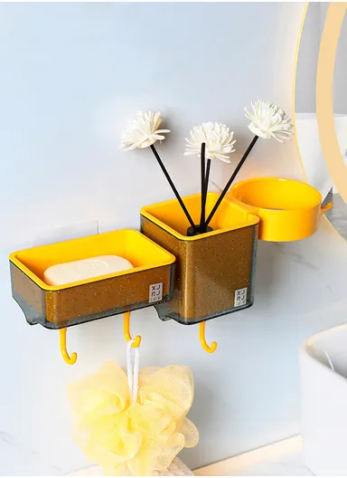 2-Containers Multi-Functional Crystal Wall-Mounted Storage Rack, Wall Mounted Soap Dish with Hair Dryer Holder, 3-Hooks &amp; Drain Design (W30 x D8.5 x H10)cm - Yellow