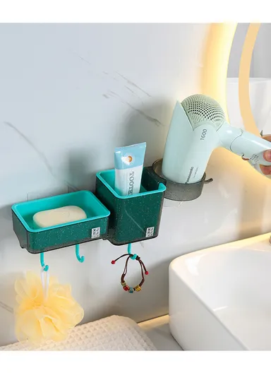 2-Containers Multi-Functional Crystal Wall-Mounted Storage Rack, Wall Mounted Soap Dish with Hair Dryer Holder, 3-Hooks &amp; Drain Design (W30 x D8.5 x H10)cm - Yellow