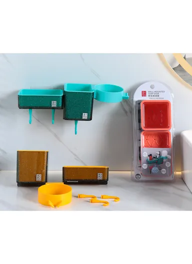 2-Containers Multi-Functional Crystal Wall-Mounted Storage Rack, Wall Mounted Soap Dish with Hair Dryer Holder, 3-Hooks &amp; Drain Design (W30 x D8.5 x H10)cm - Yellow