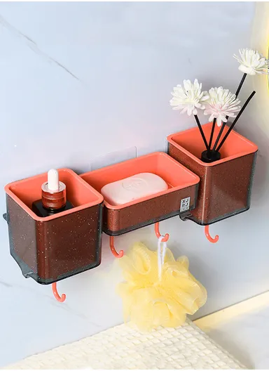 3-Containers Multi-Functional Crystal Wall-Mounted Storage Rack, Wall Mounted Soap Dish with 4-Hooks &amp; Drain Design (W30 x D8.5 x H9.8)cm - Red