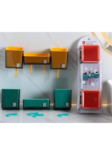 3-Containers Multi-Functional Crystal Wall-Mounted Storage Rack, Wall Mounted Soap Dish with 4-Hooks &amp; Drain Design (W30 x D8.5 x H9.8)cm - Red