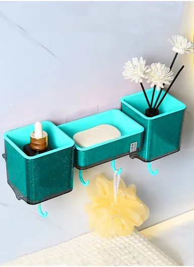 3-Containers Multi-Functional Crystal Wall-Mounted Storage Rack, Wall Mounted Soap Dish with 4-Hooks &amp; Drain Design (W30 x D8.5 x H9.8)cm - Blue