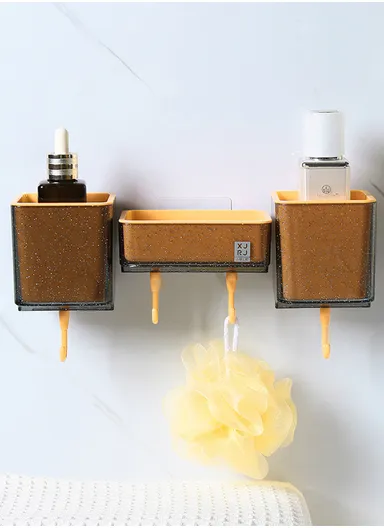 3-Containers Multi-Functional Crystal Wall-Mounted Storage Rack, Wall Mounted Soap Dish with 4-Hooks &amp; Drain Design (W30 x D8.5 x H9.8)cm - Blue