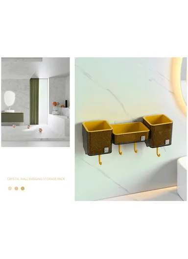 3-Containers Multi-Functional Crystal Wall-Mounted Storage Rack, Wall Mounted Soap Dish with 4-Hooks &amp; Drain Design (W30 x D8.5 x H9.8)cm - Yellow