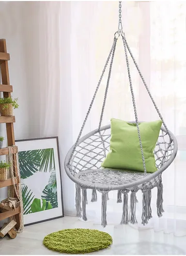 Cotton Hanging Chair Swings Comfortable Sturdy Knitted For Living Room &amp; Patio-Grey