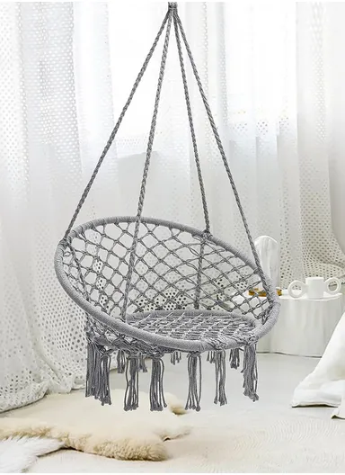 Cotton Hanging Chair Swings Comfortable Sturdy Knitted For Living Room &amp; Patio-Grey