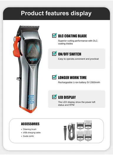 9000RPM Rechargeable Magnetic Motor Hair Clipper, Cordless Professional Hair Cut Machine Clipper with LED Display &amp; Accessories V-647