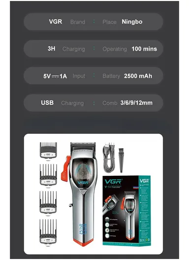 9000RPM Rechargeable Magnetic Motor Hair Clipper, Cordless Professional Hair Cut Machine Clipper with LED Display &amp; Accessories V-647