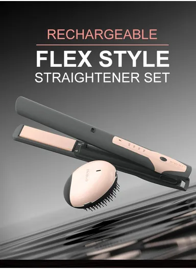 2-IN-1 Cordless Rechargeable Luxury Hair Straightener Flat Iron &amp; Essential Oil Brush Comb Set P-182