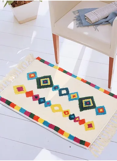 50x80cm Non-Slip Small Square Ethnic Bath Mat - White