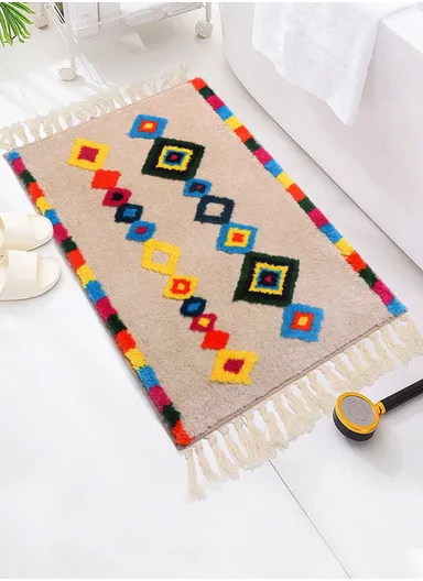 50x80cm Non-Slip Small Square Ethnic Bath Mat - Beige