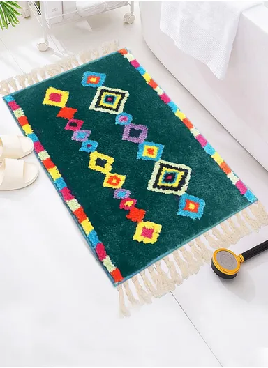 50x80cm Non-Slip Small Square Ethnic Bath Mat - Dark Blue