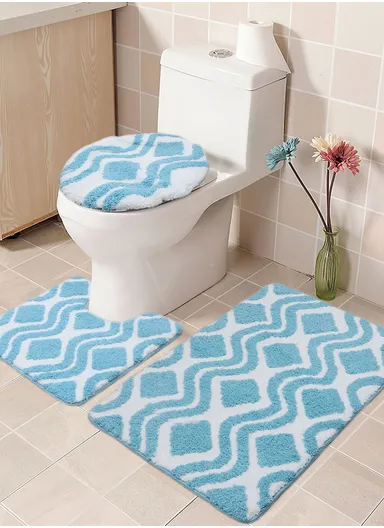 3Pcs Bathroom Mat Set Non-Slip Including Square Anti-Slip Bath Mat U-Shape Toilet Rug Toilet Lid Cover Washable Tapete Bath Mat Set - Blue