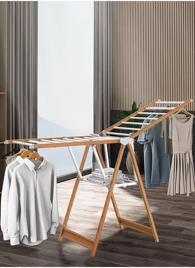 2-Layer Folding Aluminum Laundry Organizer Drying Rack with 2 Adjustable Angle Sides YLT0531DL-02 (W140 x D50 x H116)cm - Wood &amp; White