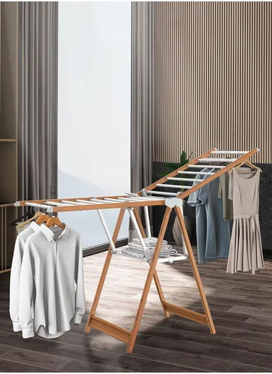 2-Layer Folding Aluminum Laundry Organizer Drying Rack with 2 Adjustable Angle Sides YLT0531DL-01Y (W162 x D58 x H131)cm - Wood &amp; White