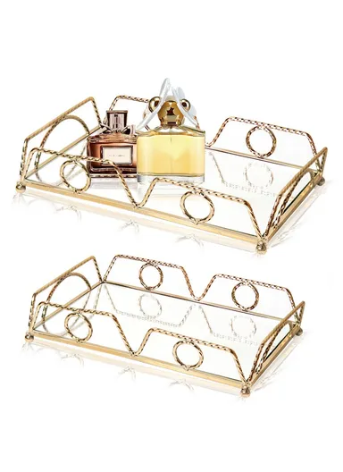 2Pcs Set Rectangular Elegant Mirror Glass Serving Tray JX-381A 