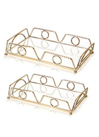 2Pcs Set Rectangular Elegant Mirror Glass Serving Tray JX-381A 