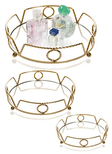 3-Pcs Round Nesting Mirror Tray, Mirror Plate Cosmetics Storage Tray JX-381B - Gold