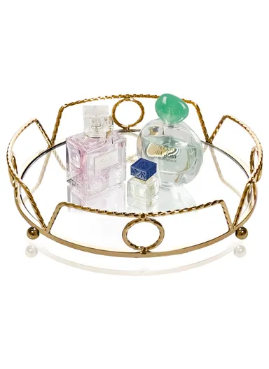 3-Pcs Round Nesting Mirror Tray, Mirror Plate Cosmetics Storage Tray JX-381B - Gold