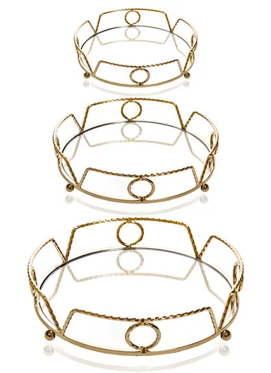 3-Pcs Round Nesting Mirror Tray, Mirror Plate Cosmetics Storage Tray JX-381B - Gold