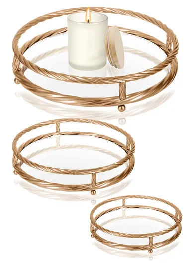 3-Pcs Round Nesting Mirror Tray, Mirror Plate Cosmetics Storage Tray JX-189A - Gold