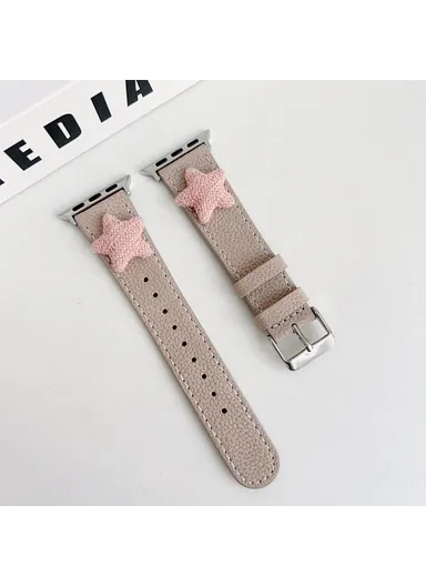For Apple Watch Series 9 8 7 41mm / 6 5 4 SE (2023) SE (2022) SE 40mm / 3 2 1 38mm Genuine Cow Leather Watch Band Star Decor - Khaki