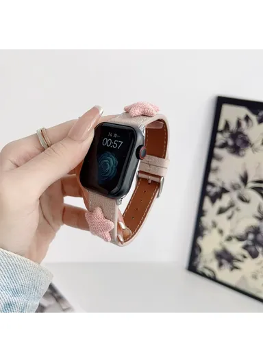 For Apple Watch Series 9 8 7 41mm / 6 5 4 SE (2023) SE (2022) SE 40mm / 3 2 1 38mm Genuine Cow Leather Watch Band Star Decor - Khaki