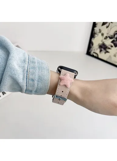 For Apple Watch Series 9 8 7 41mm / 6 5 4 SE (2023) SE (2022) SE 40mm / 3 2 1 38mm Genuine Cow Leather Watch Band Star Decor - Khaki