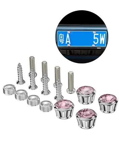 Car License Plate Screws Fastener With Bling Rhinestone Bolt Caps Anti Theft Screws Set for Locking Car Tag (L3.15 x W1.95)cm - Pink