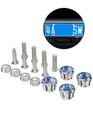 Car License Plate Screws Fastener With Bling Rhinestone Bolt Caps Anti Theft Screws Set for Locking Car Tag (L3.15 x W1.95)cm - Blue