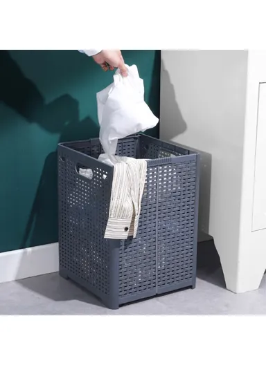 Foldable Hollow Design Laundry Basket, Dirty Clothes PP Storage Holder with Handles (L44 x W32 x D34)cm - Grey