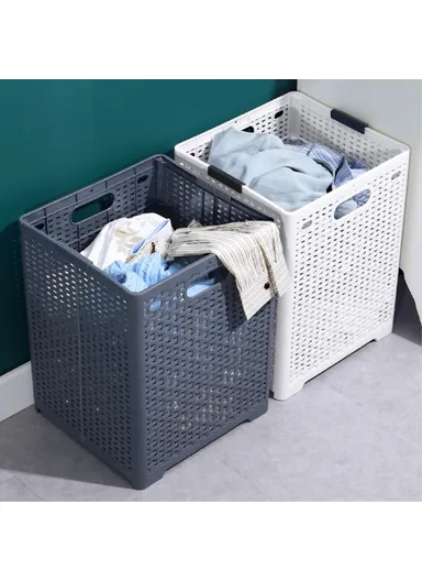 Foldable Hollow Design Laundry Basket, Dirty Clothes PP Storage Holder with Handles (L44 x W32 x D34)cm - White 