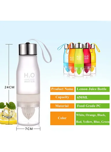 650ml Fruit Infuser Bottle, Frosted Plastic Lemon Juice Water Bottle (L26 x W8.6)cm- Black