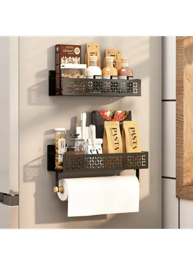 2-Pcs Magnetic Spice Rack, Refrigerator Hanging Storage Rack Iron Storage Shelf - Black / Small+Big