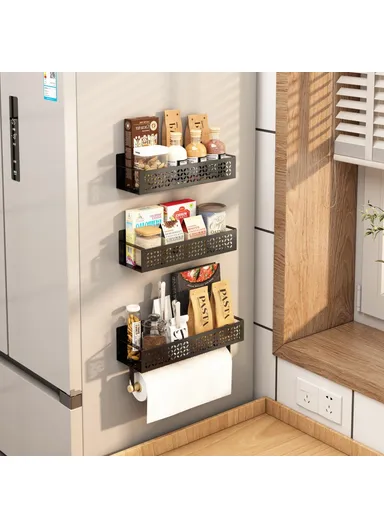 2-Pcs Magnetic Spice Rack, Refrigerator Hanging Storage Rack Iron Storage Shelf - Black / Small+Big