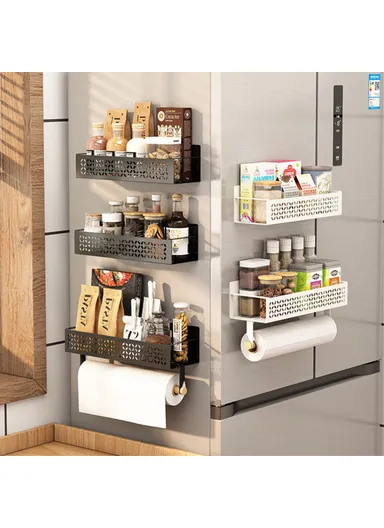 2-Pcs Magnetic Spice Rack, Refrigerator Hanging Storage Rack Iron Storage Shelf - Black / Small+Big