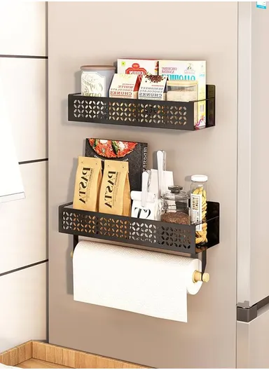 2-Pcs Magnetic Spice Rack, Refrigerator Hanging Storage Rack Iron Storage Shelf - Black / Small+Big