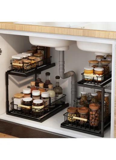 2Pcs Carbon Steel Double Layer Pull-out Basket Storage Shelf for Cabinet Sink - Black