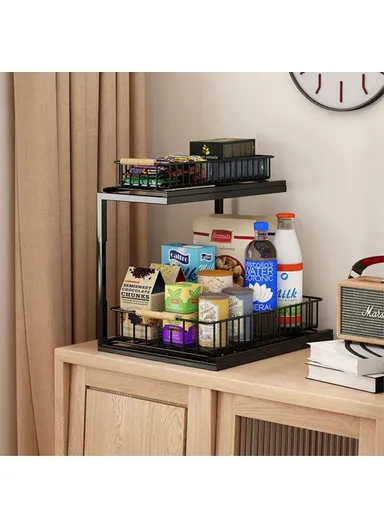 2Pcs Carbon Steel Double Layer Pull-out Basket Storage Shelf for Cabinet Sink - Black