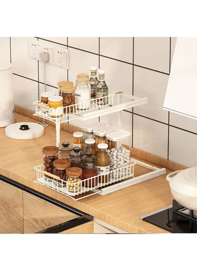 2Pcs Carbon Steel Double Layer Pull-out Basket Storage Shelf for Cabinet Sink - Black