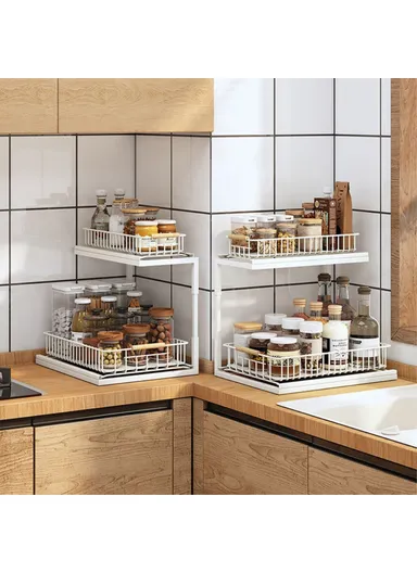 2Pcs Carbon Steel Double Layer Pull-out Basket Storage Shelf for Cabinet Sink - Black