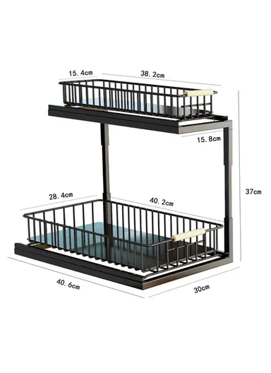 2Pcs Carbon Steel Double Layer Pull-out Basket Storage Shelf for Cabinet Sink - Black