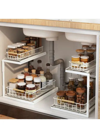 2Pcs Carbon Steel Double Layer Pull-out Basket Storage Shelf for Cabinet Sink - White