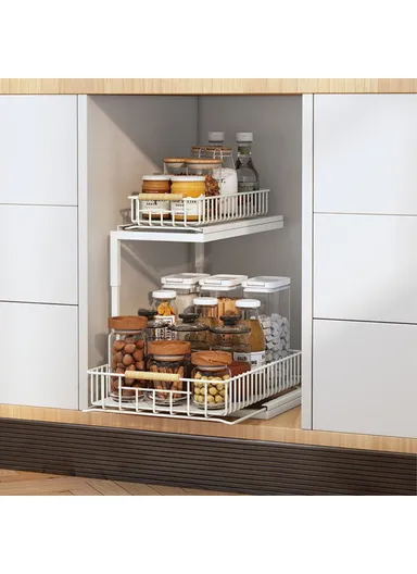 2Pcs Carbon Steel Double Layer Pull-out Basket Storage Shelf for Cabinet Sink - White