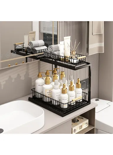 2Pcs Carbon Steel Double Layer Pull-out Basket Storage Shelf for Cabinet Sink - White